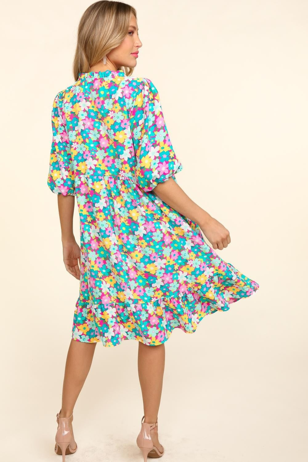 Floral Ruffled Summer Dress with Bubble Sleeves - Romantic Mini