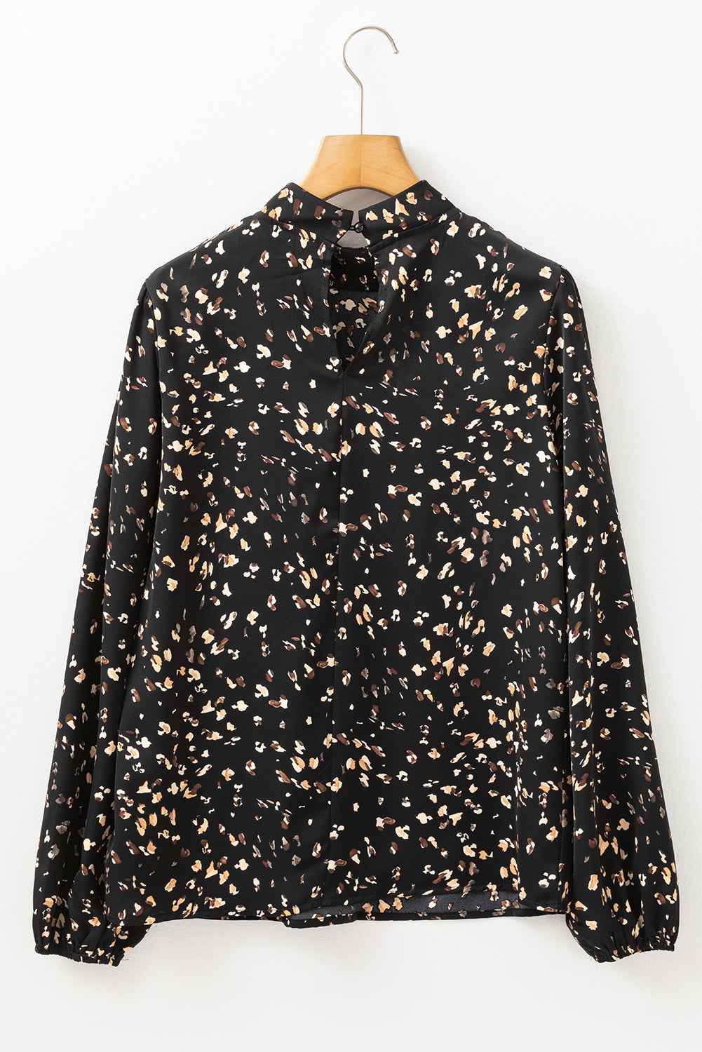 Black Leopard Print Lantern Sleeve Mock Neck Pleated Blouse