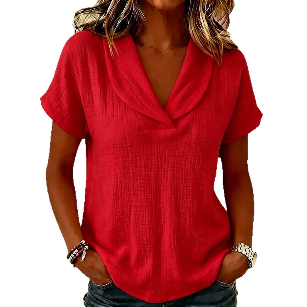 Women's Short Sleeve Butterfly Collar Top Textured Casual Blouse - Image 2