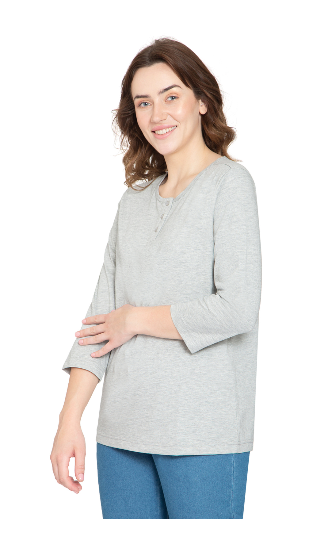 Women's 3/4 Sleeve Henley Top with Button Placket
