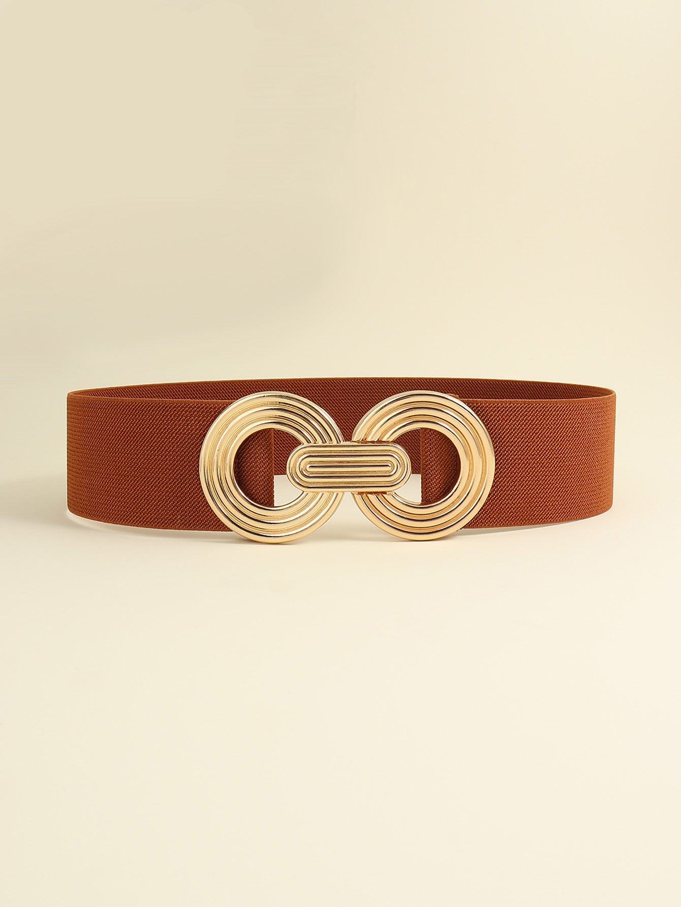 Geometric Buckle Elastic Wide Belt | Brown & Gold
