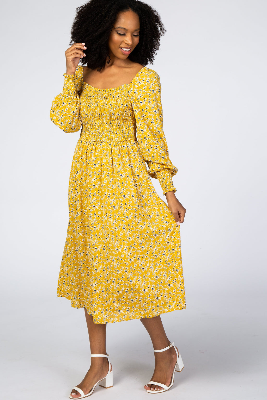 Yellow Floral Smocked Bubble Sleeve Midi Dress - Image 2