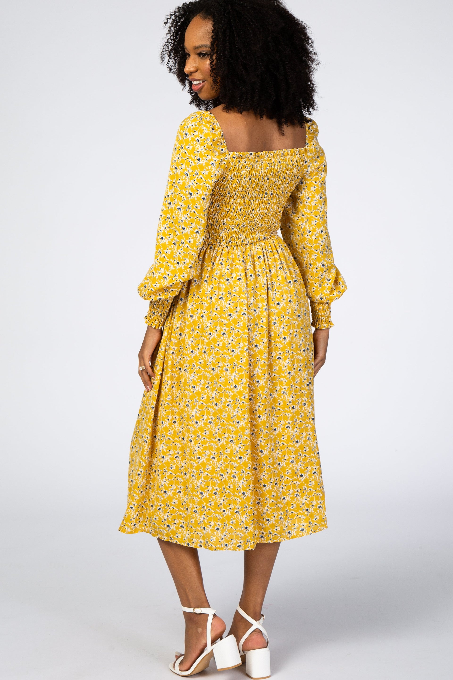 Yellow Floral Smocked Bubble Sleeve Midi Dress - Image 3