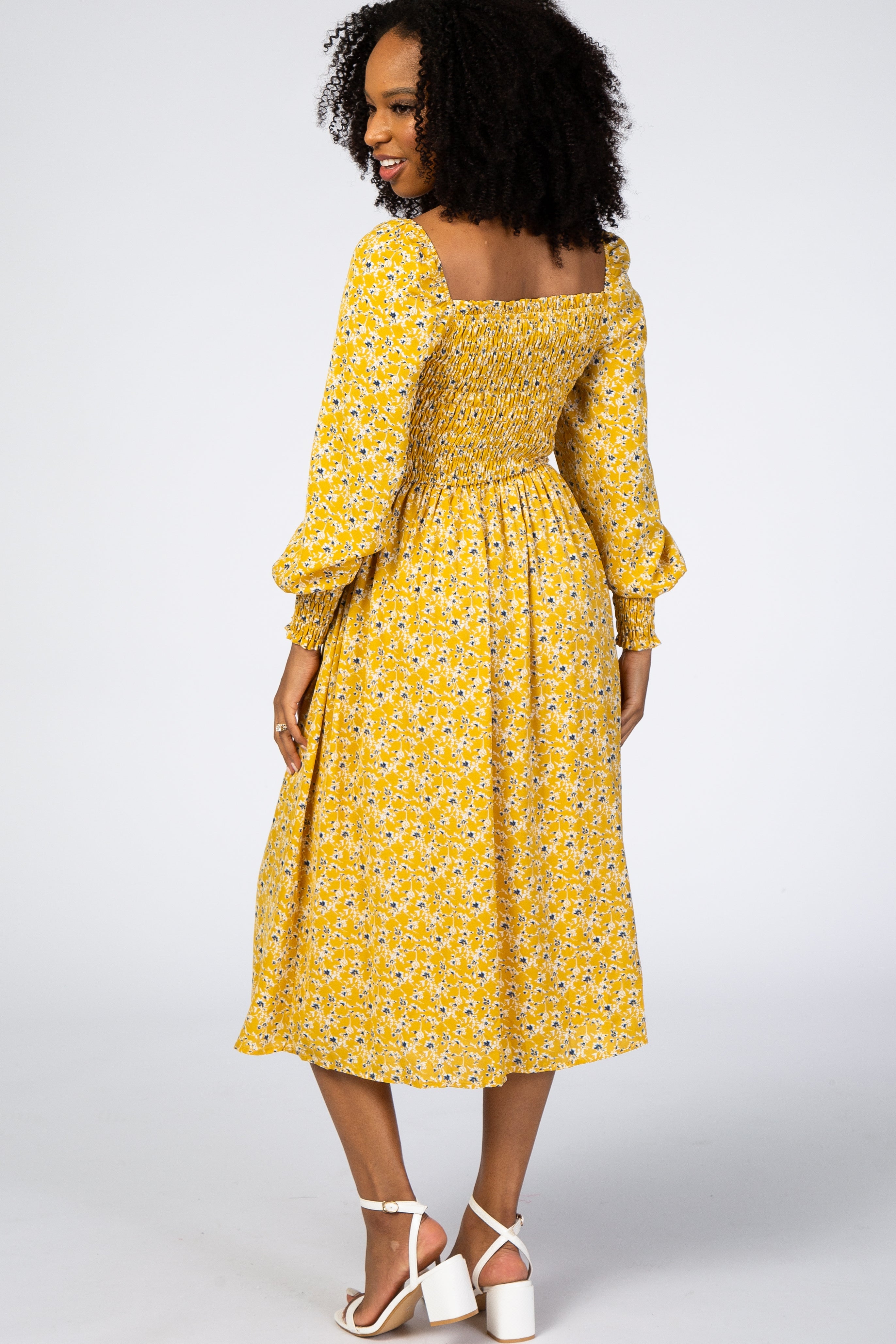 Yellow Floral Smocked Bubble Sleeve Midi Dress - Image 3
