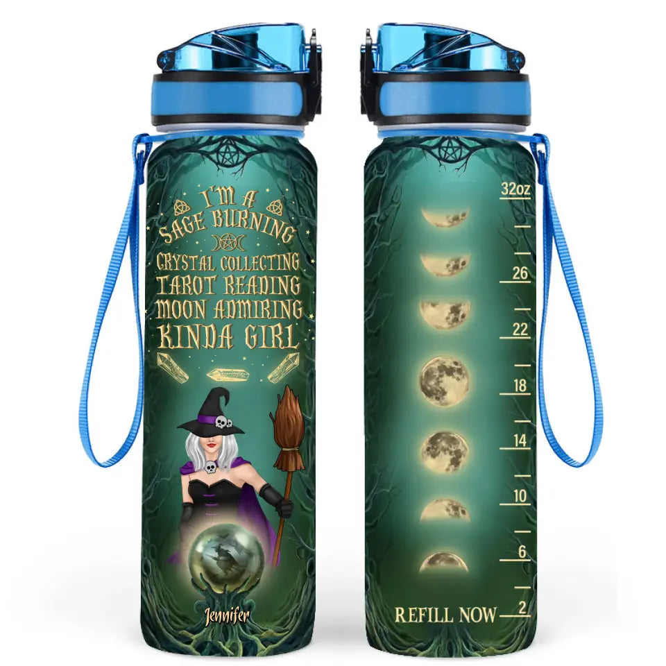 Personalized Witch Water Tracker Bottle - Halloween Gift Idea - I'm A Sage Burning Crystal Collecting Tarot Reading Moon Admiring Kinda Girl