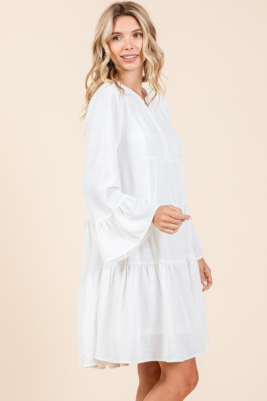 Tiered Notched Flare Sleeve Dress in White