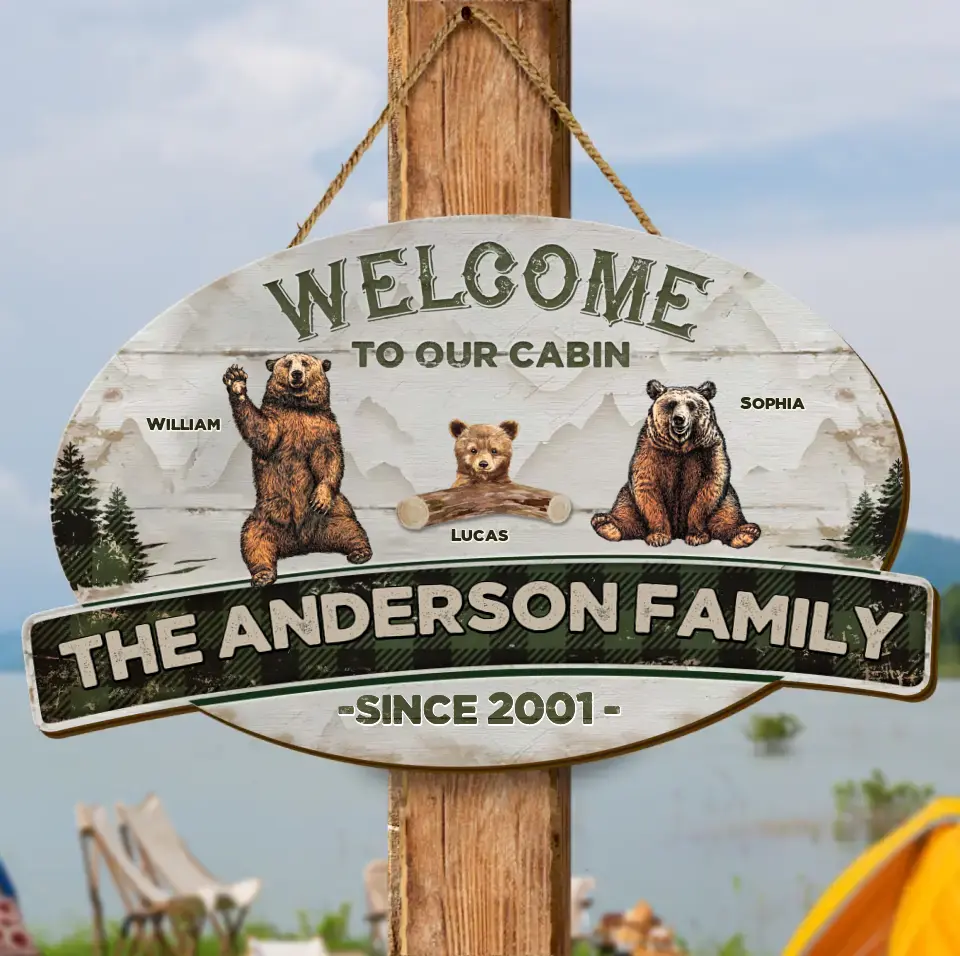 Personalized Cabin Wooden Sign - Gift Idea For Couple/Family/Camping Lovers - Couple/Adult With Up to 7 Kids - Welcome To Our Cabin
