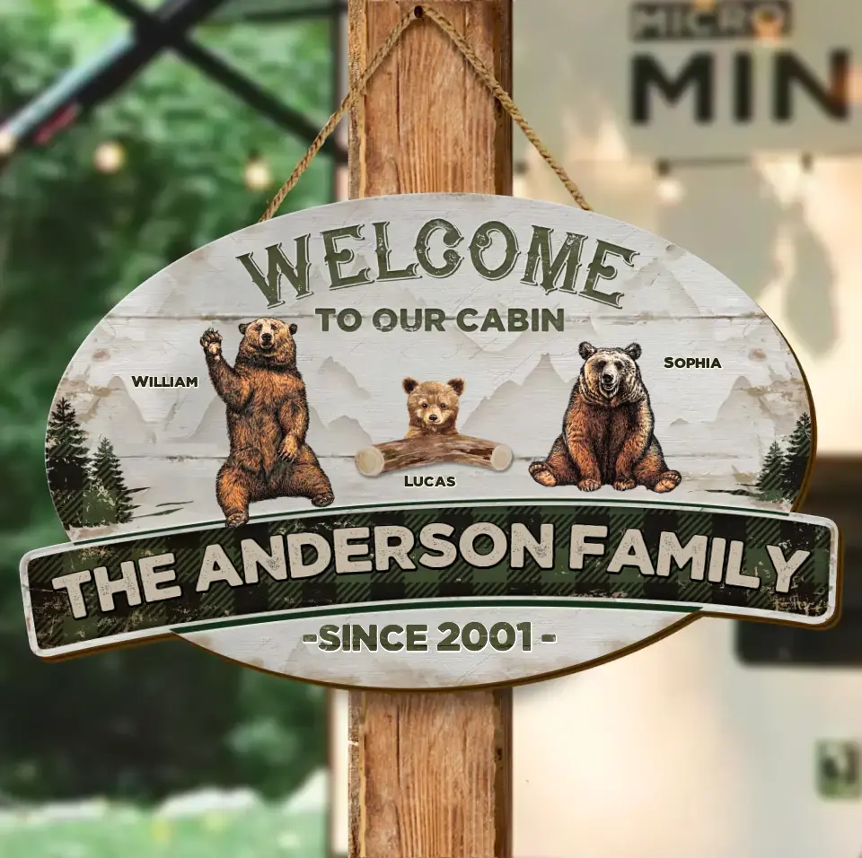 Personalized Cabin Wooden Sign - Gift Idea For Couple/Family/Camping Lovers - Couple/Adult With Up to 7 Kids - Welcome To Our Cabin