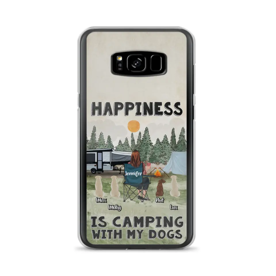 Personalized Camping Phone Case - Gift Idea For Girl & Dogs - Up to 4 Dogs - Happiness Is Camping With My Dogs - Case For iPhone/Samsung