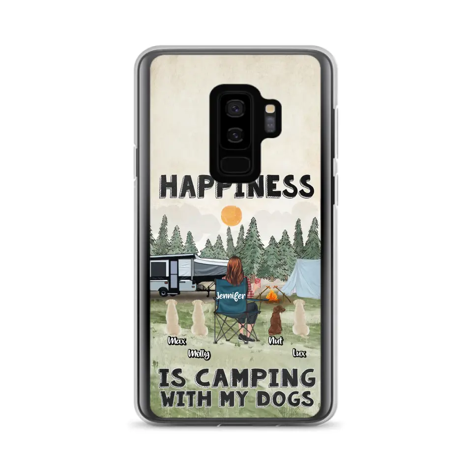 Personalized Camping Phone Case - Gift Idea For Girl & Dogs - Up to 4 Dogs - Happiness Is Camping With My Dogs - Case For iPhone/Samsung