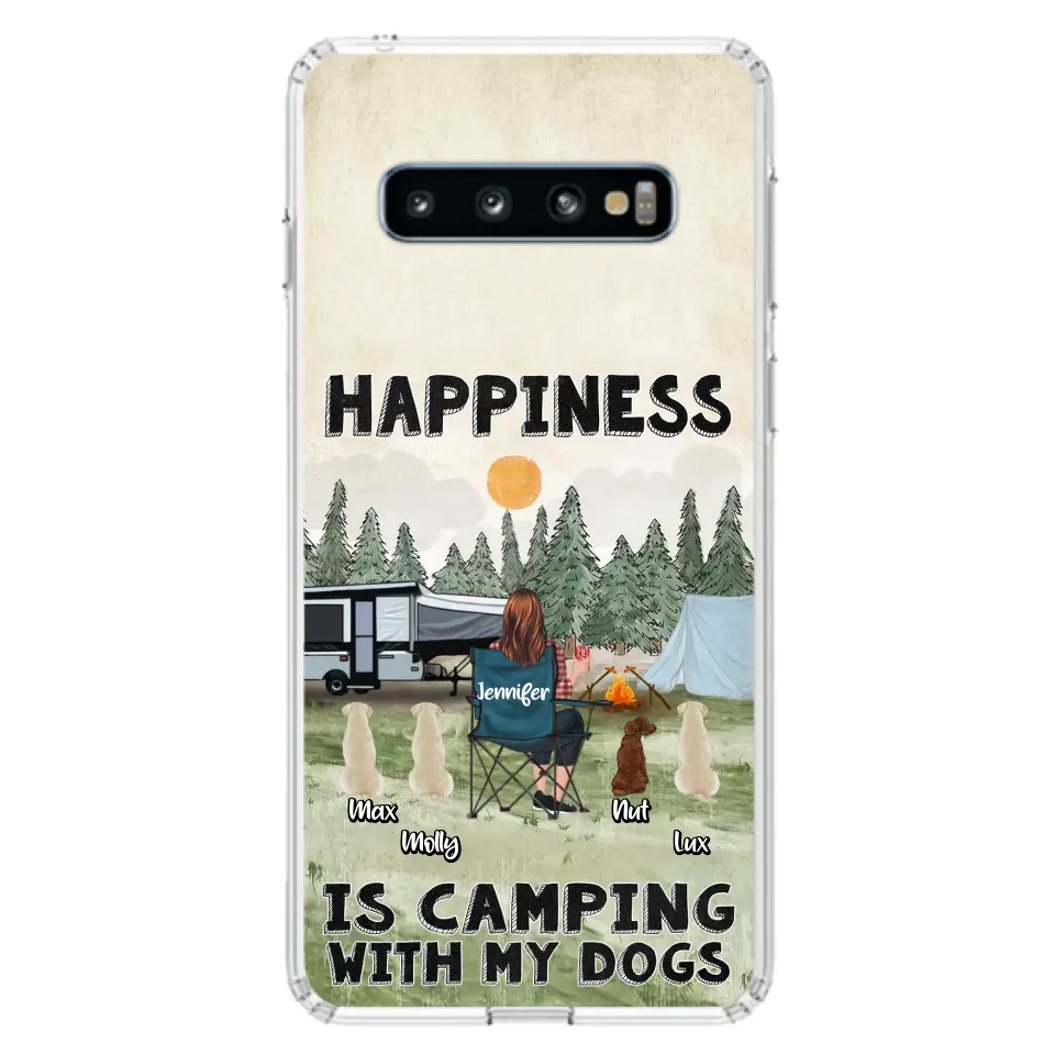 Personalized Camping Phone Case - Gift Idea For Girl & Dogs - Up to 4 Dogs - Happiness Is Camping With My Dogs - Case For iPhone/Samsung