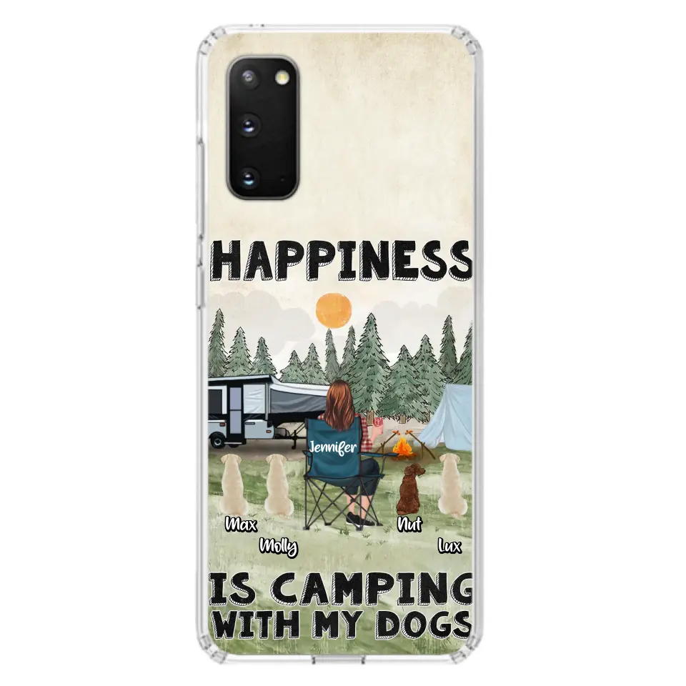Personalized Camping Phone Case - Gift Idea For Girl & Dogs - Up to 4 Dogs - Happiness Is Camping With My Dogs - Case For iPhone/Samsung