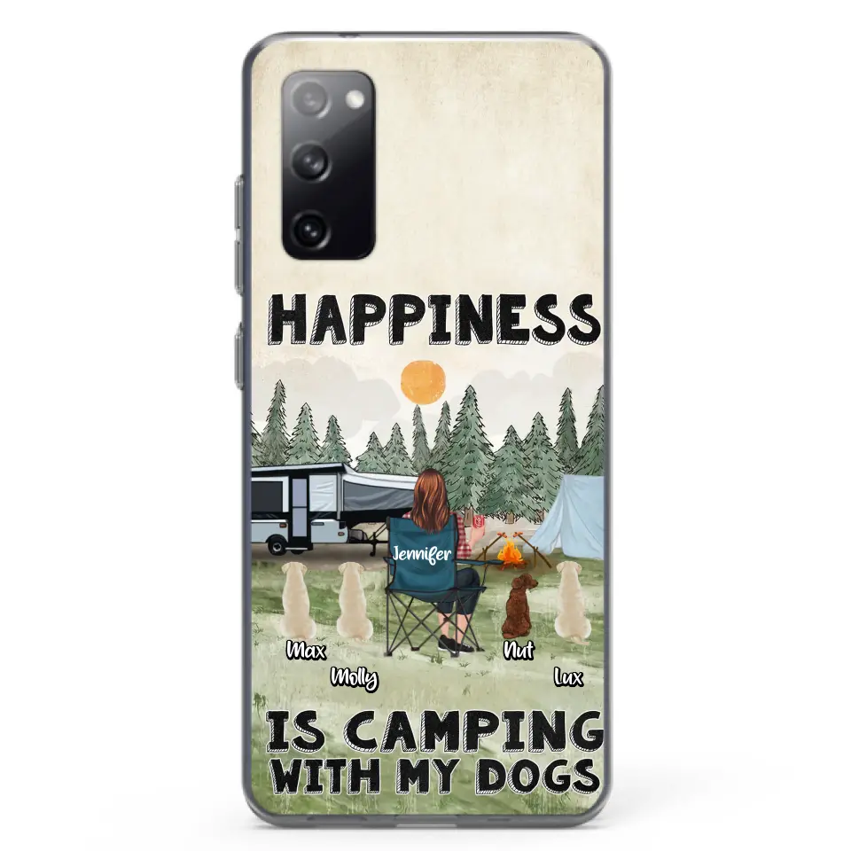 Personalized Camping Phone Case - Gift Idea For Girl & Dogs - Up to 4 Dogs - Happiness Is Camping With My Dogs - Case For iPhone/Samsung