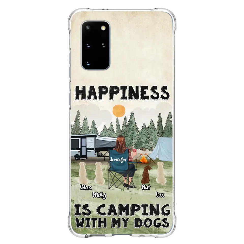 Personalized Camping Phone Case - Gift Idea For Girl & Dogs - Up to 4 Dogs - Happiness Is Camping With My Dogs - Case For iPhone/Samsung