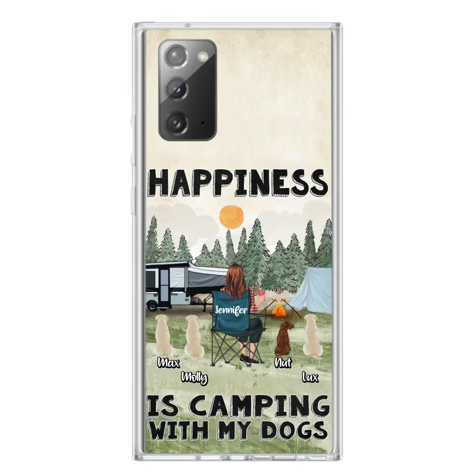 Personalized Camping Phone Case - Gift Idea For Girl & Dogs - Up to 4 Dogs - Happiness Is Camping With My Dogs - Case For iPhone/Samsung