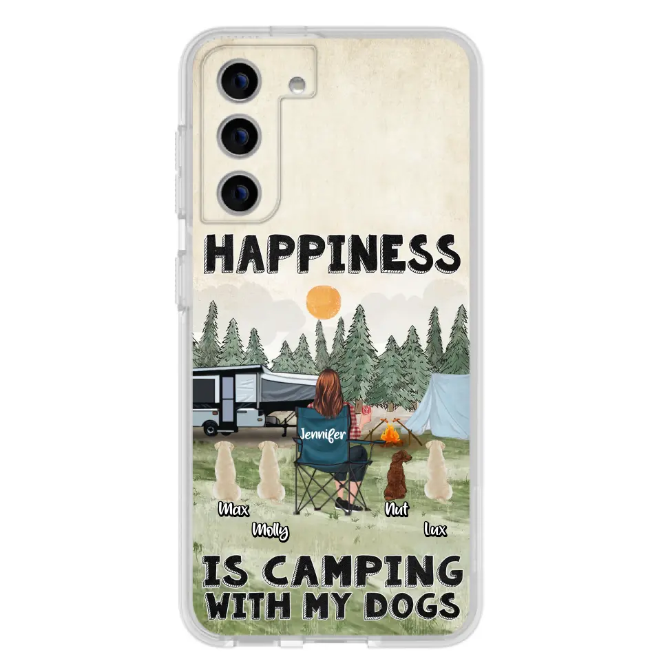 Personalized Camping Phone Case - Gift Idea For Girl & Dogs - Up to 4 Dogs - Happiness Is Camping With My Dogs - Case For iPhone/Samsung
