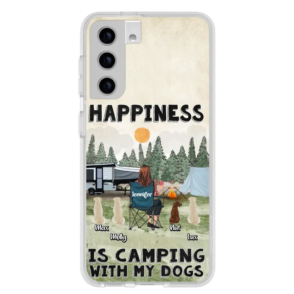 Personalized Camping Phone Case - Gift Idea For Girl & Dogs - Up to 4 Dogs - Happiness Is Camping With My Dogs - Case For iPhone/Samsung