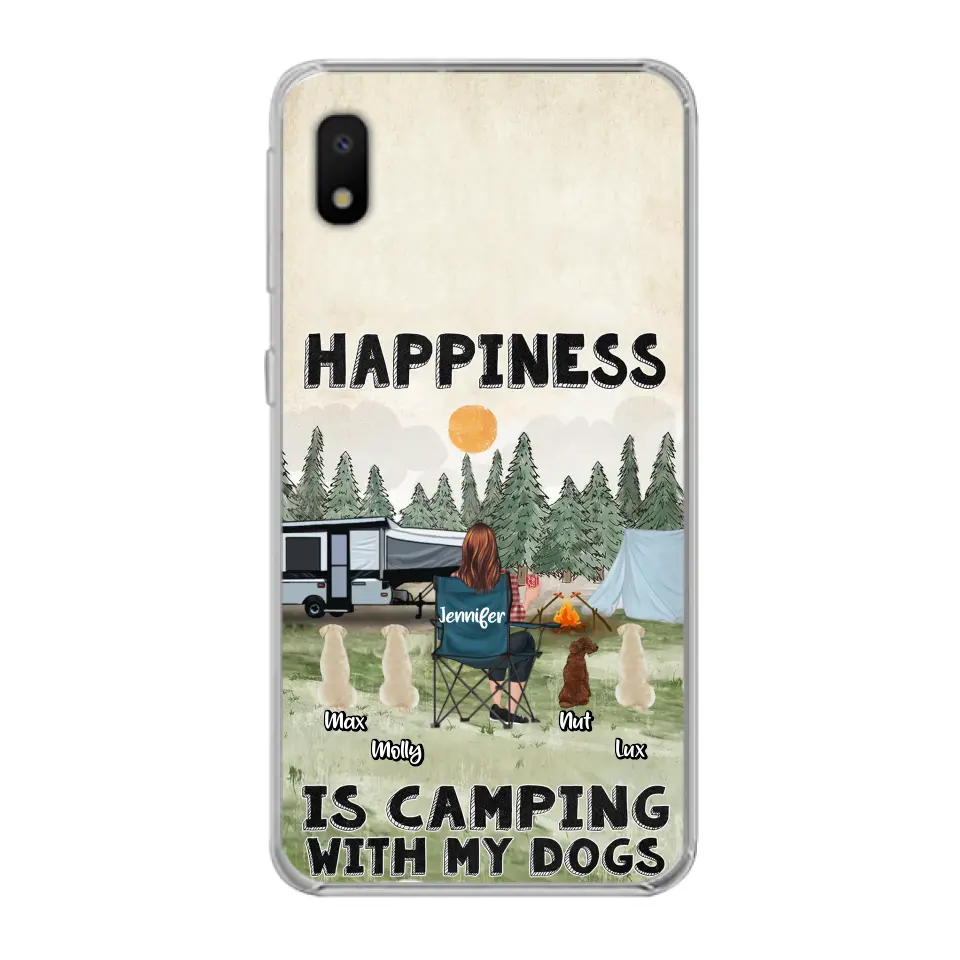 Personalized Camping Phone Case - Gift Idea For Girl & Dogs - Up to 4 Dogs - Happiness Is Camping With My Dogs - Case For iPhone/Samsung