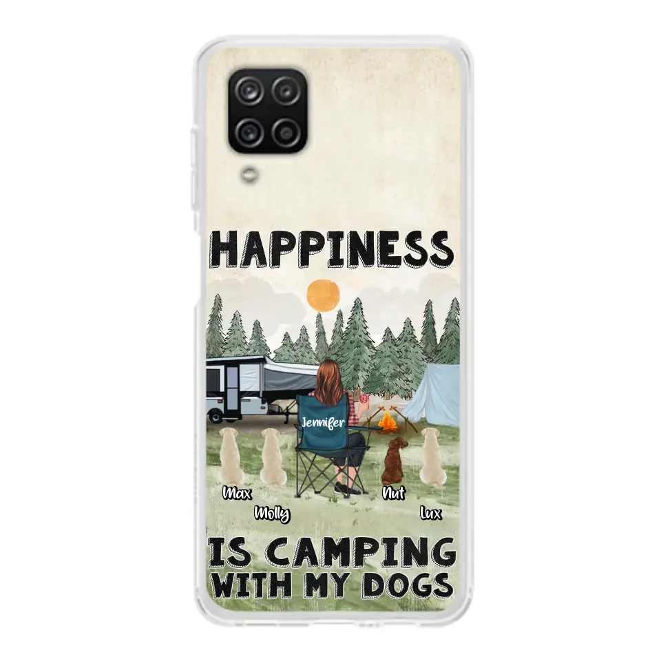 Personalized Camping Phone Case - Gift Idea For Girl & Dogs - Up to 4 Dogs - Happiness Is Camping With My Dogs - Case For iPhone/Samsung