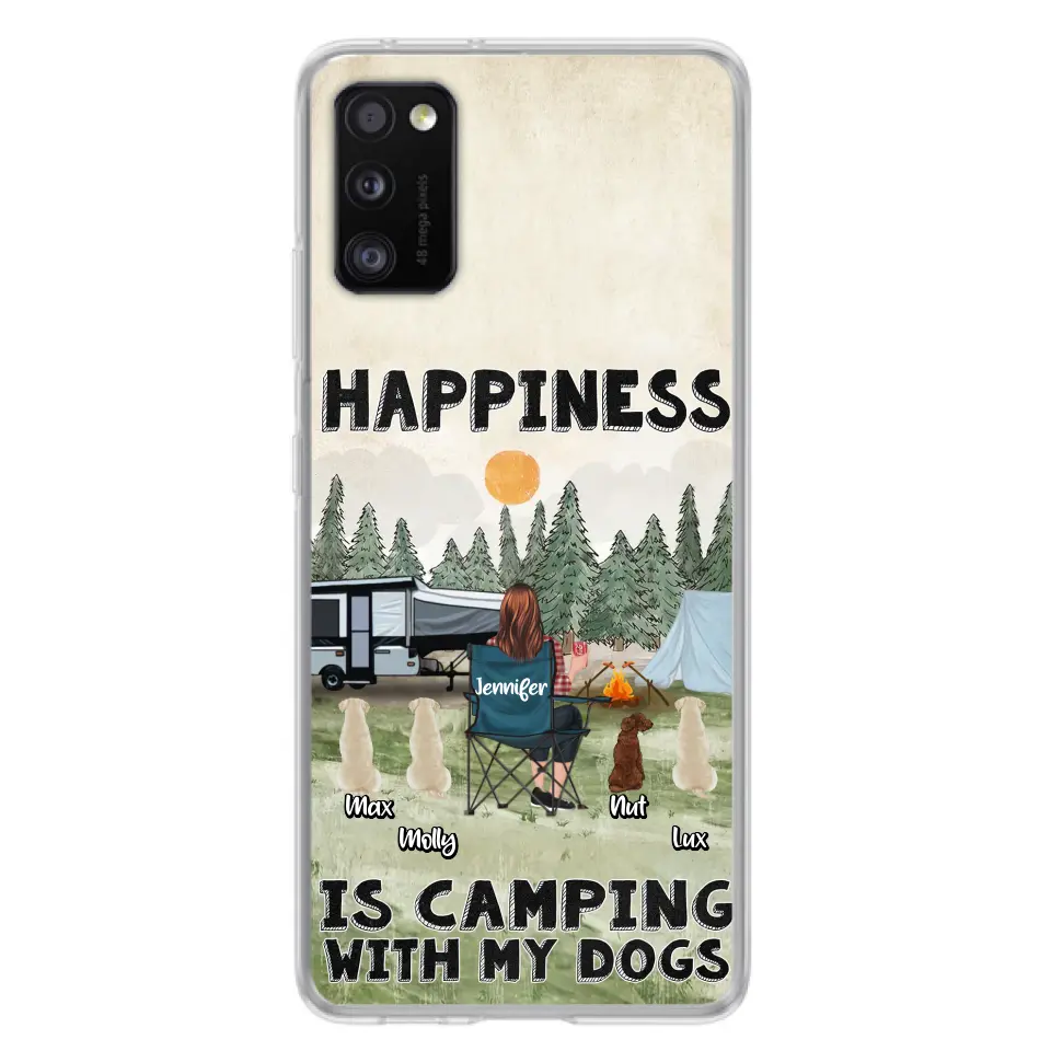 Personalized Camping Phone Case - Gift Idea For Girl & Dogs - Up to 4 Dogs - Happiness Is Camping With My Dogs - Case For iPhone/Samsung