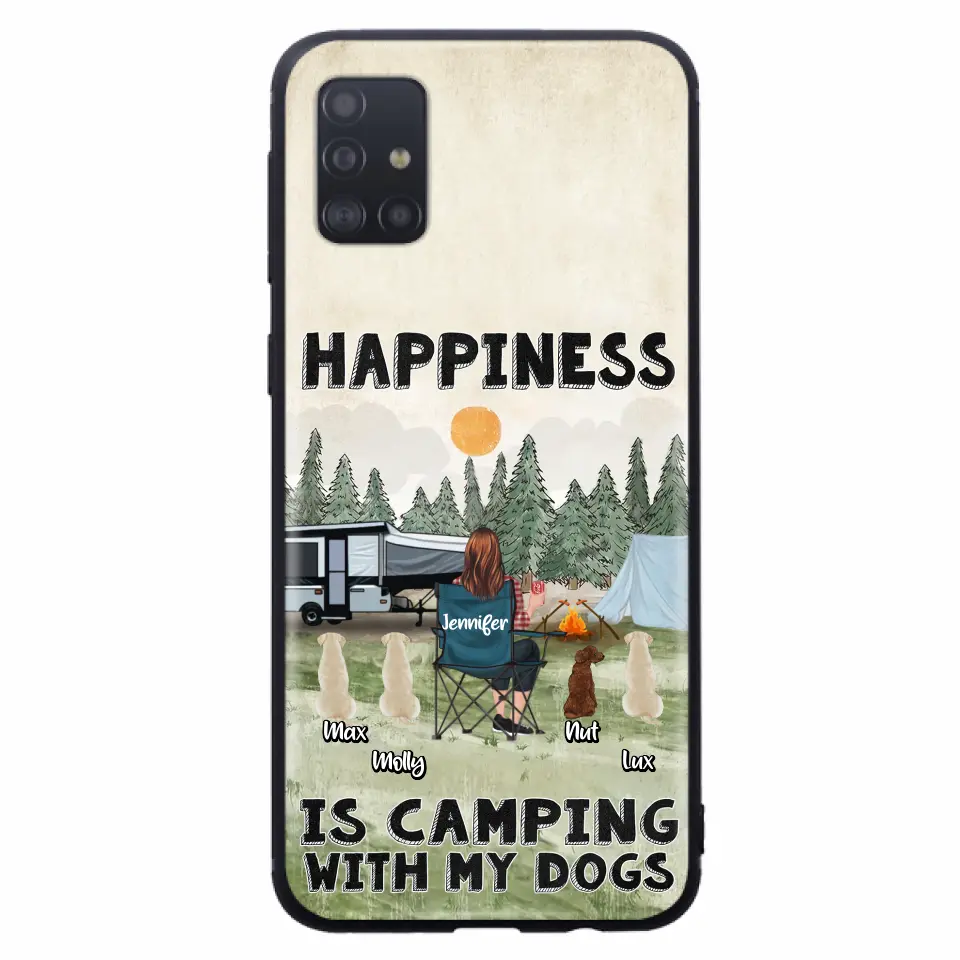 Personalized Camping Phone Case - Gift Idea For Girl & Dogs - Up to 4 Dogs - Happiness Is Camping With My Dogs - Case For iPhone/Samsung