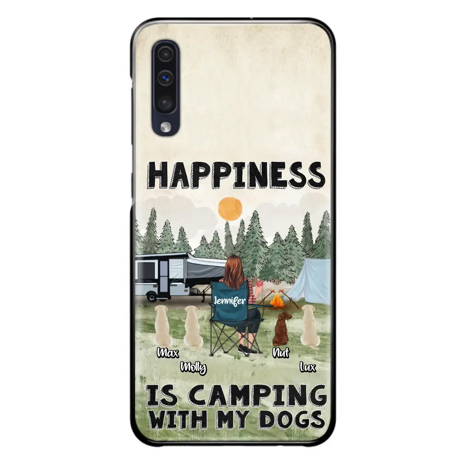 Personalized Camping Phone Case - Gift Idea For Girl & Dogs - Up to 4 Dogs - Happiness Is Camping With My Dogs - Case For iPhone/Samsung