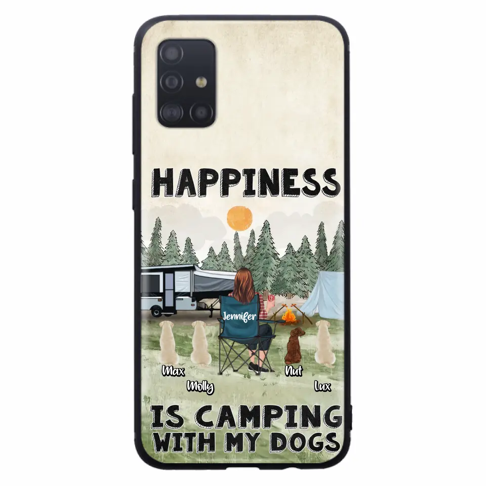 Personalized Camping Phone Case - Gift Idea For Girl & Dogs - Up to 4 Dogs - Happiness Is Camping With My Dogs - Case For iPhone/Samsung