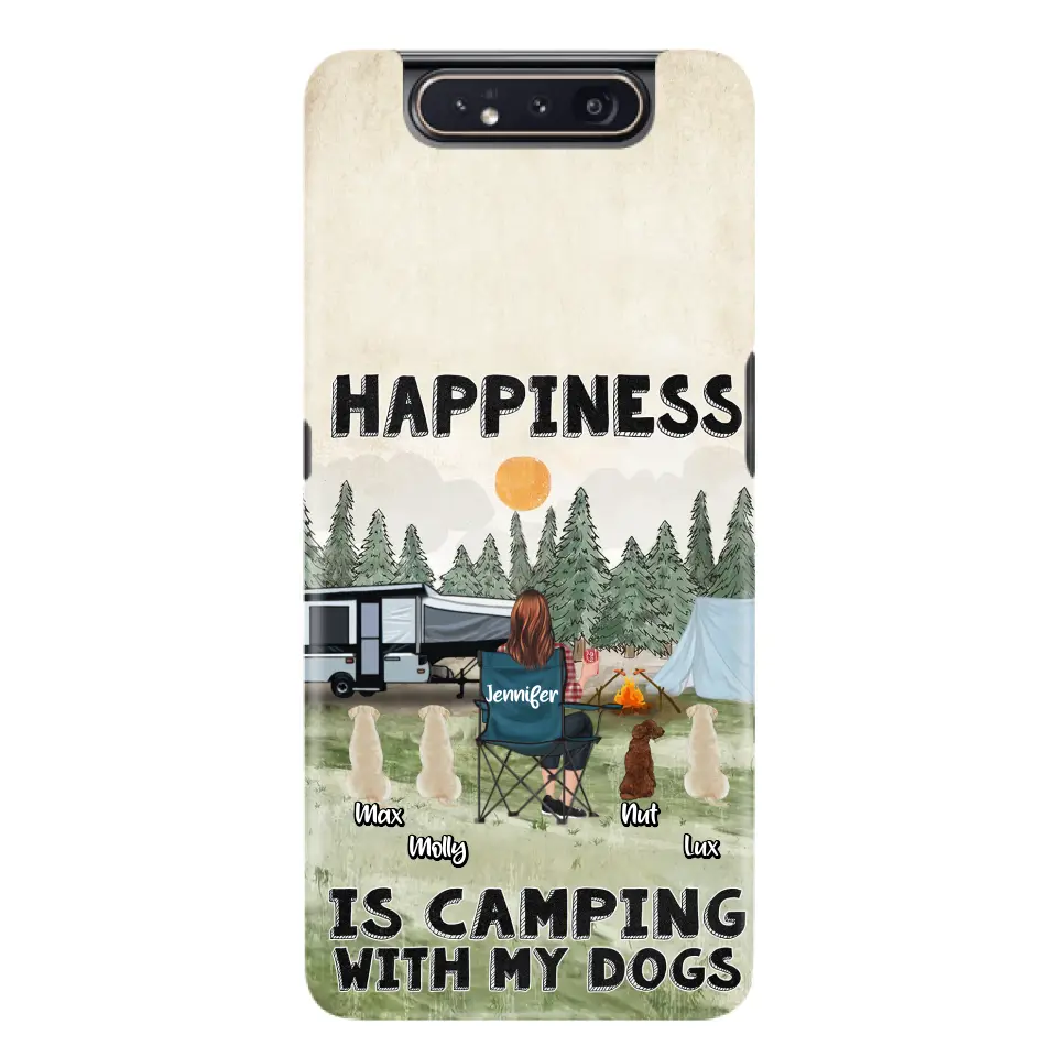 Personalized Camping Phone Case - Gift Idea For Girl & Dogs - Up to 4 Dogs - Happiness Is Camping With My Dogs - Case For iPhone/Samsung