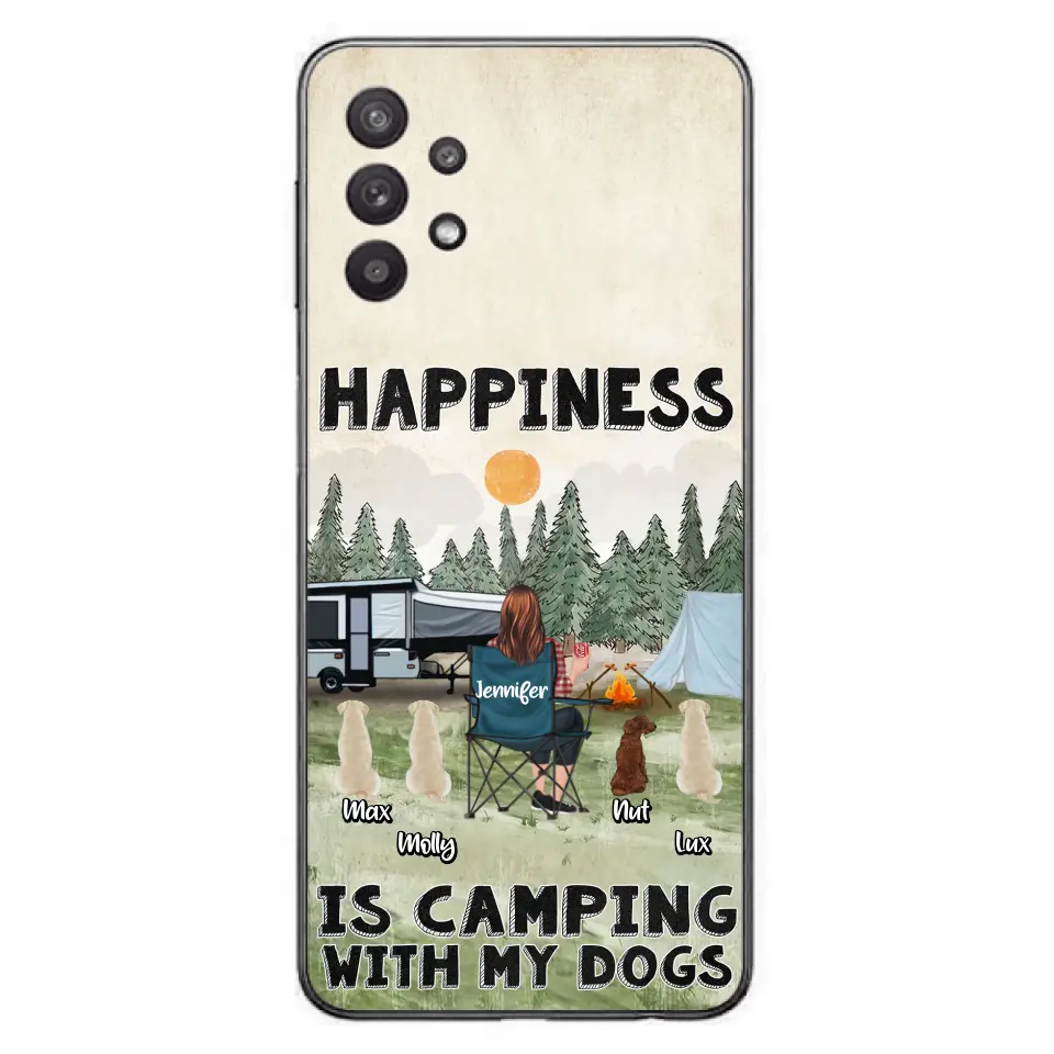 Personalized Camping Phone Case - Gift Idea For Girl & Dogs - Up to 4 Dogs - Happiness Is Camping With My Dogs - Case For iPhone/Samsung