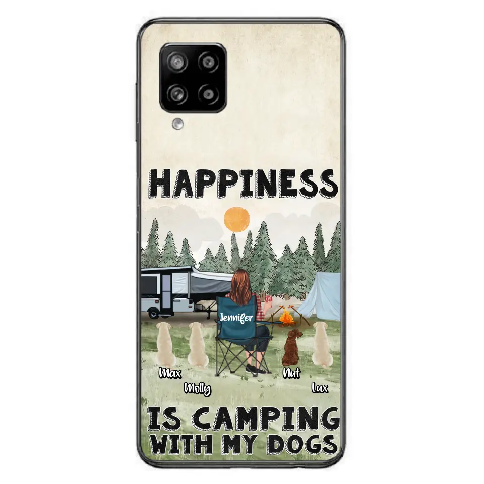 Personalized Camping Phone Case - Gift Idea For Girl & Dogs - Up to 4 Dogs - Happiness Is Camping With My Dogs - Case For iPhone/Samsung
