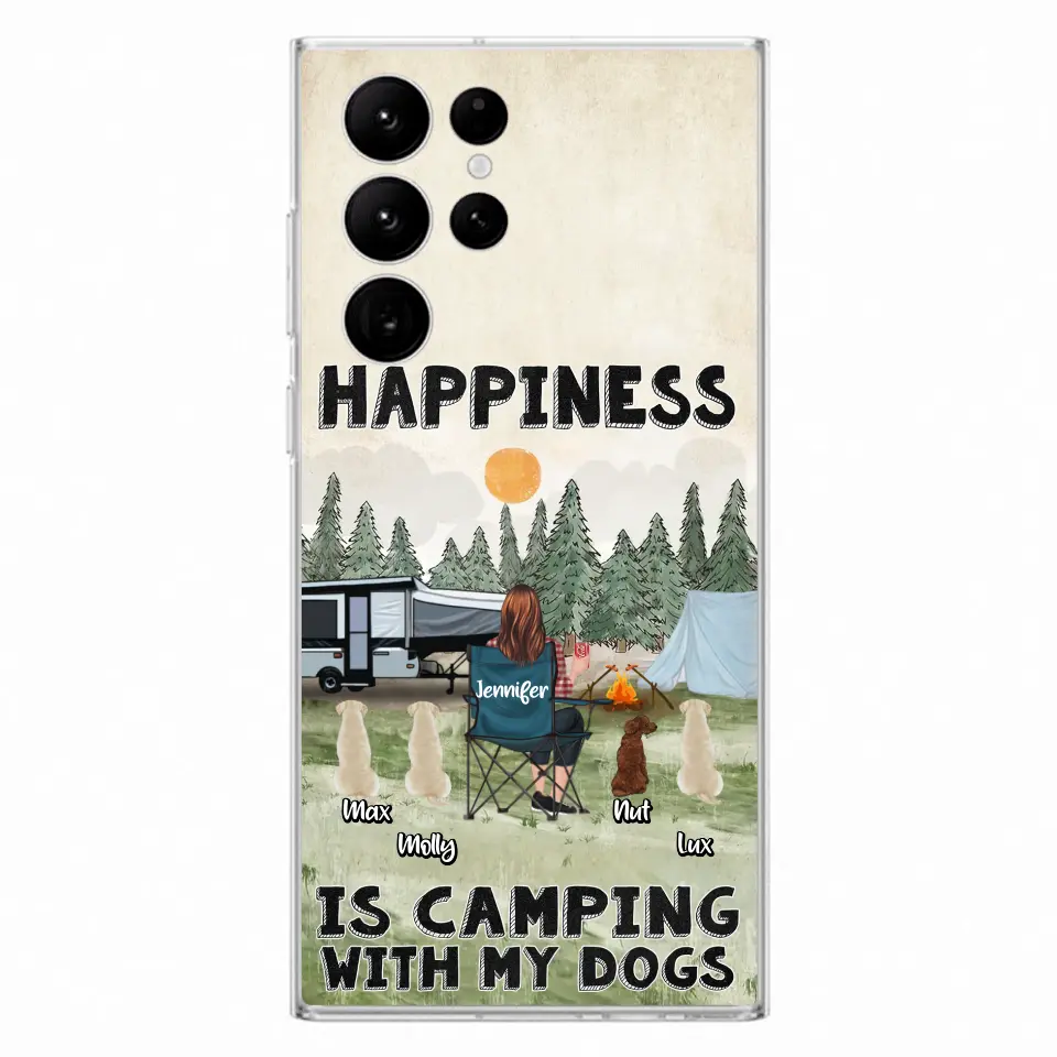 Personalized Camping Phone Case - Gift Idea For Girl & Dogs - Up to 4 Dogs - Happiness Is Camping With My Dogs - Case For iPhone/Samsung