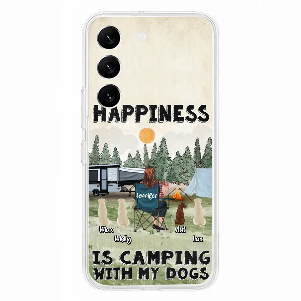 Personalized Camping Phone Case - Gift Idea For Girl & Dogs - Up to 4 Dogs - Happiness Is Camping With My Dogs - Case For iPhone/Samsung