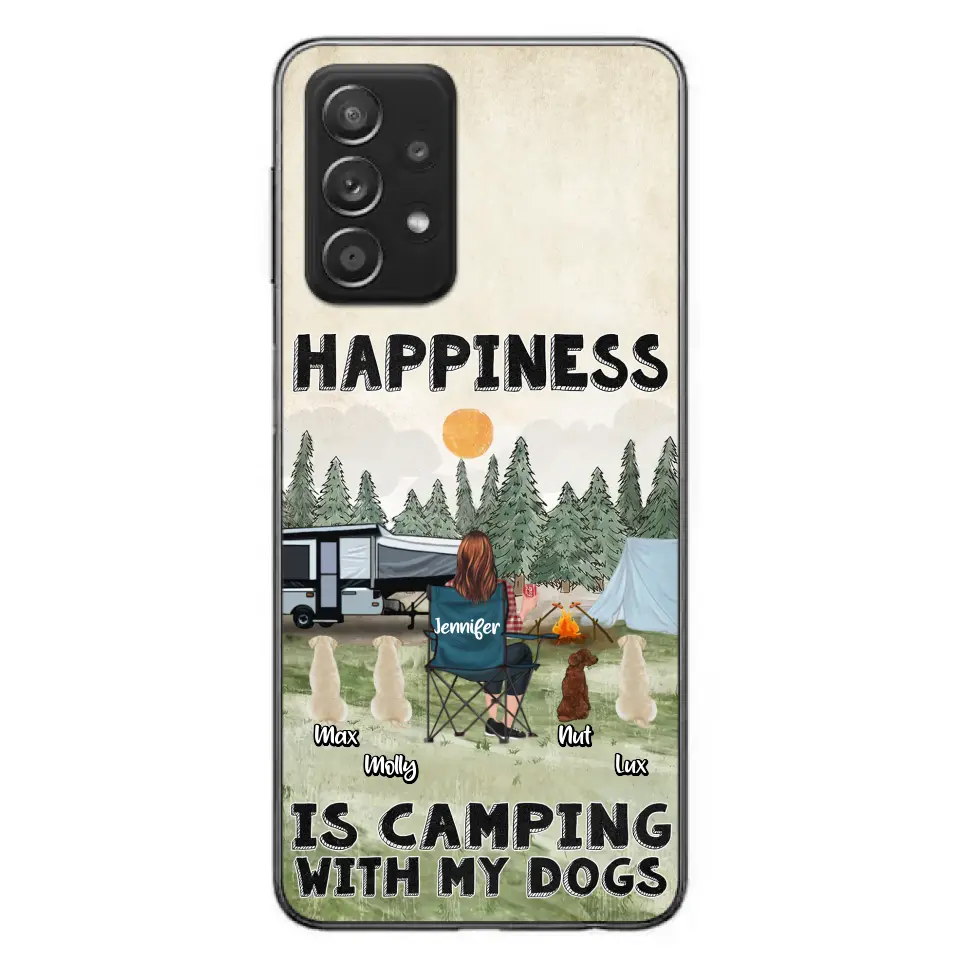 Personalized Camping Phone Case - Gift Idea For Girl & Dogs - Up to 4 Dogs - Happiness Is Camping With My Dogs - Case For iPhone/Samsung