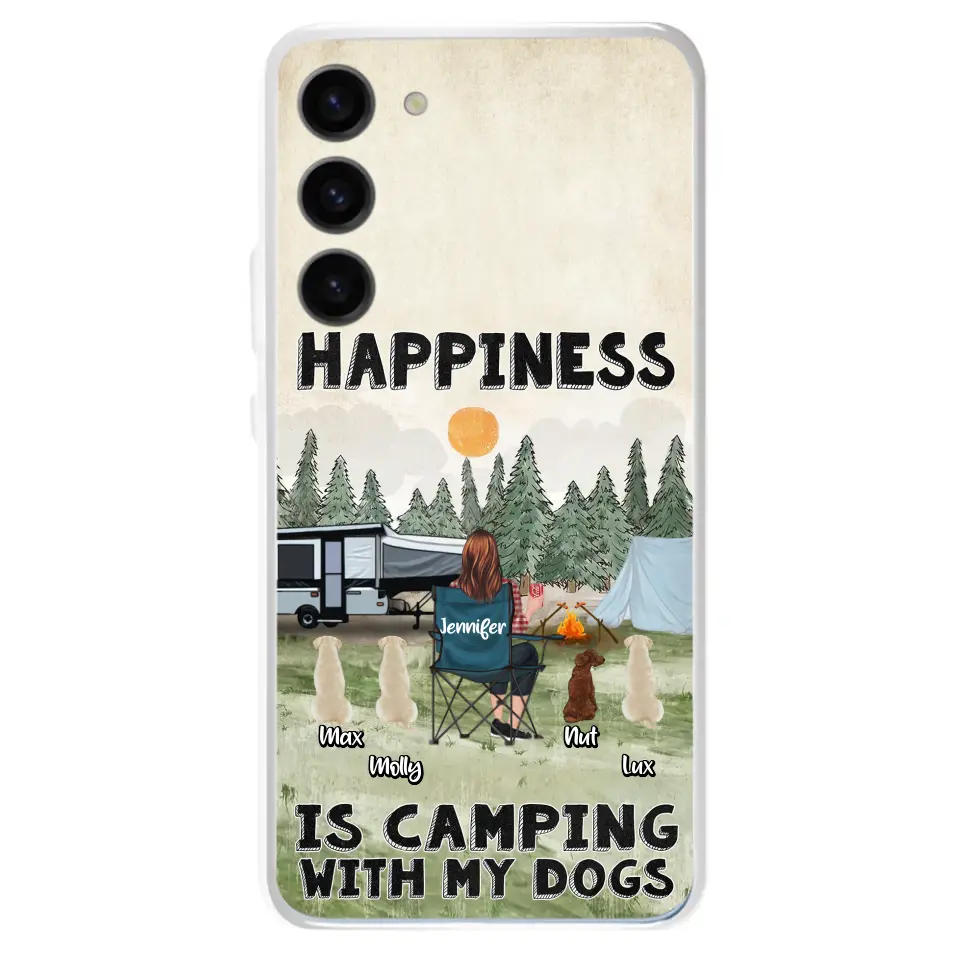 Personalized Camping Phone Case - Gift Idea For Girl & Dogs - Up to 4 Dogs - Happiness Is Camping With My Dogs - Case For iPhone/Samsung