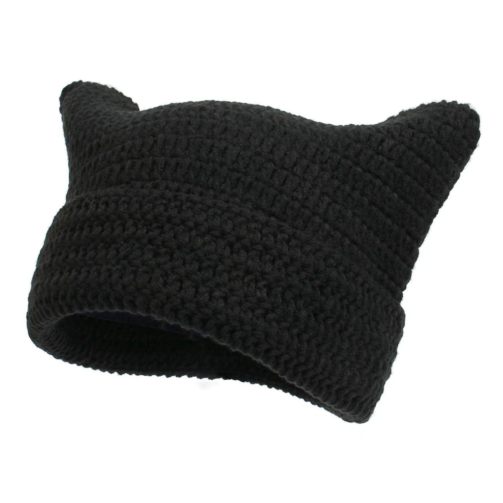 Women's Hand Knitted Striped Cat Beanie Hat