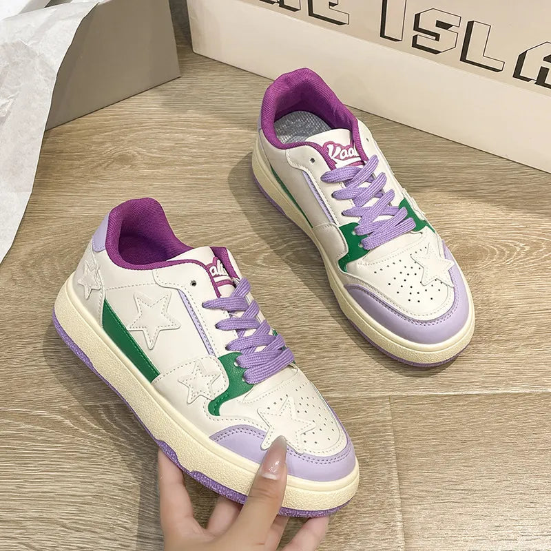 Contrast Star Round Toe Athletic Sneakers - White Y2K Flat Shoes