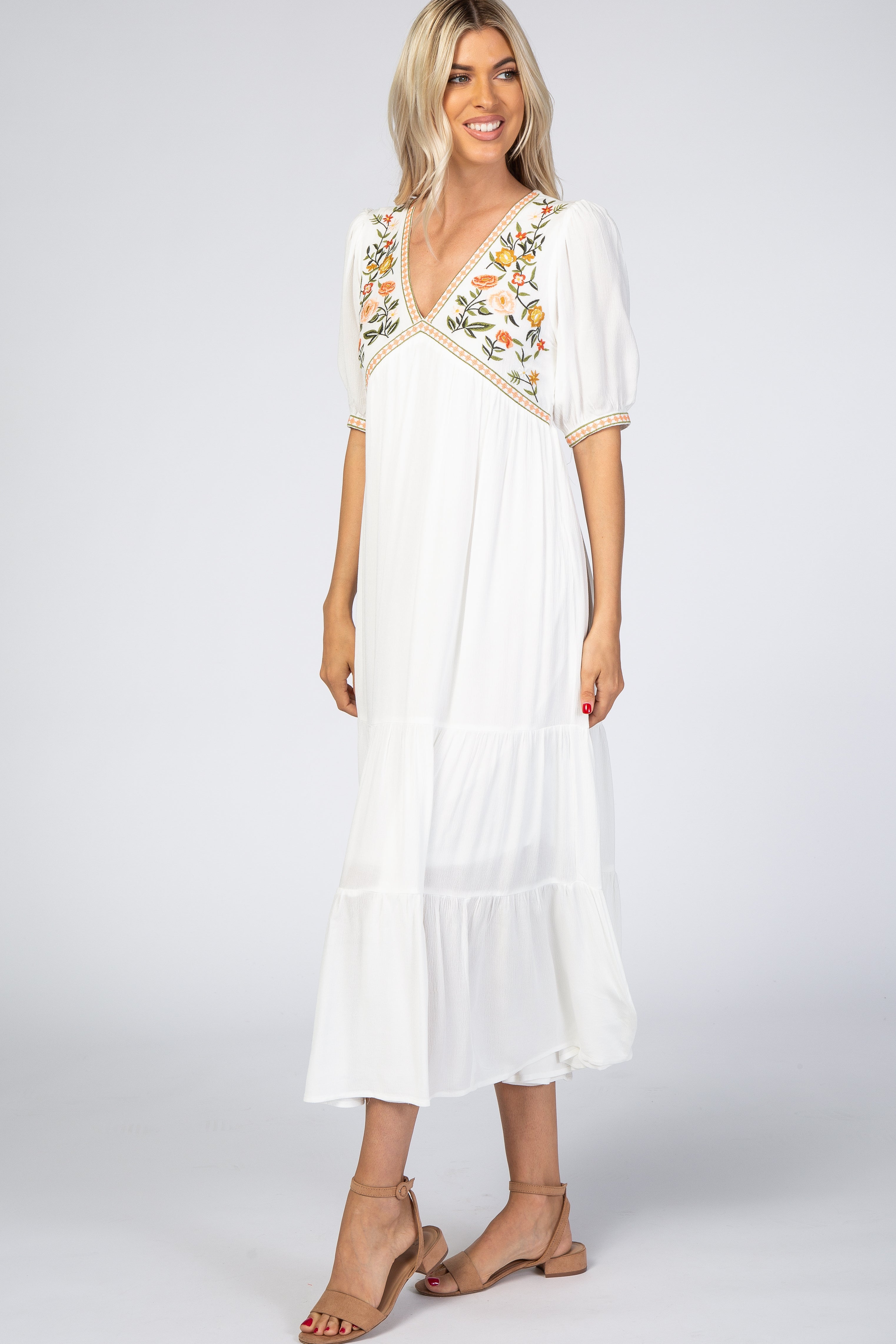 Ivory Floral Embroidered Midi Dress