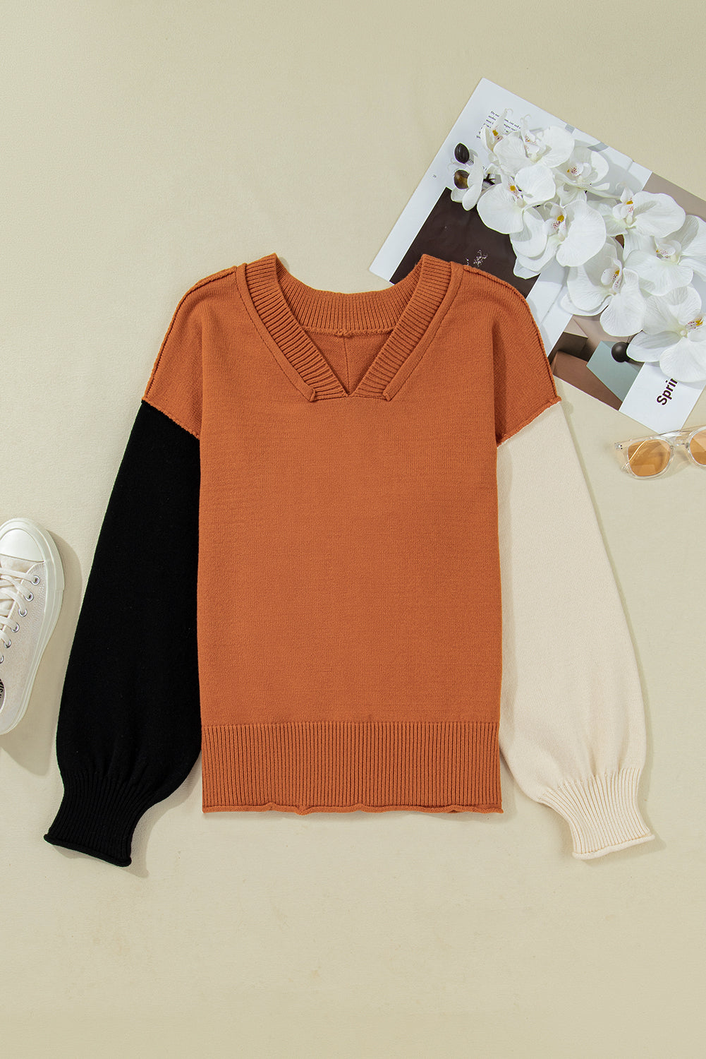 Colorblock Raw Edge Bubble Sleeve V-Neck Sweater