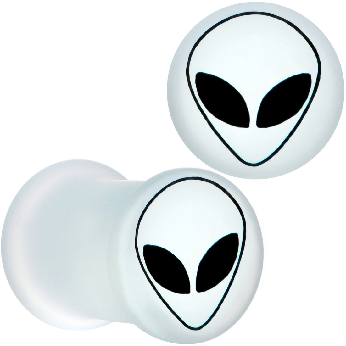 A pair of white matte glass double flare plugs featuring an alien head graphic.