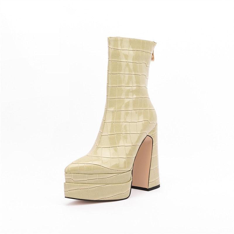 Women's Chunky Platform Ankle Boots - Stone Pattern High Heel