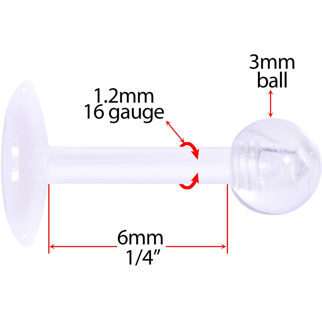16G 1/4 Clear Flexible Bioplast Labret Monroe Tragus Retainer