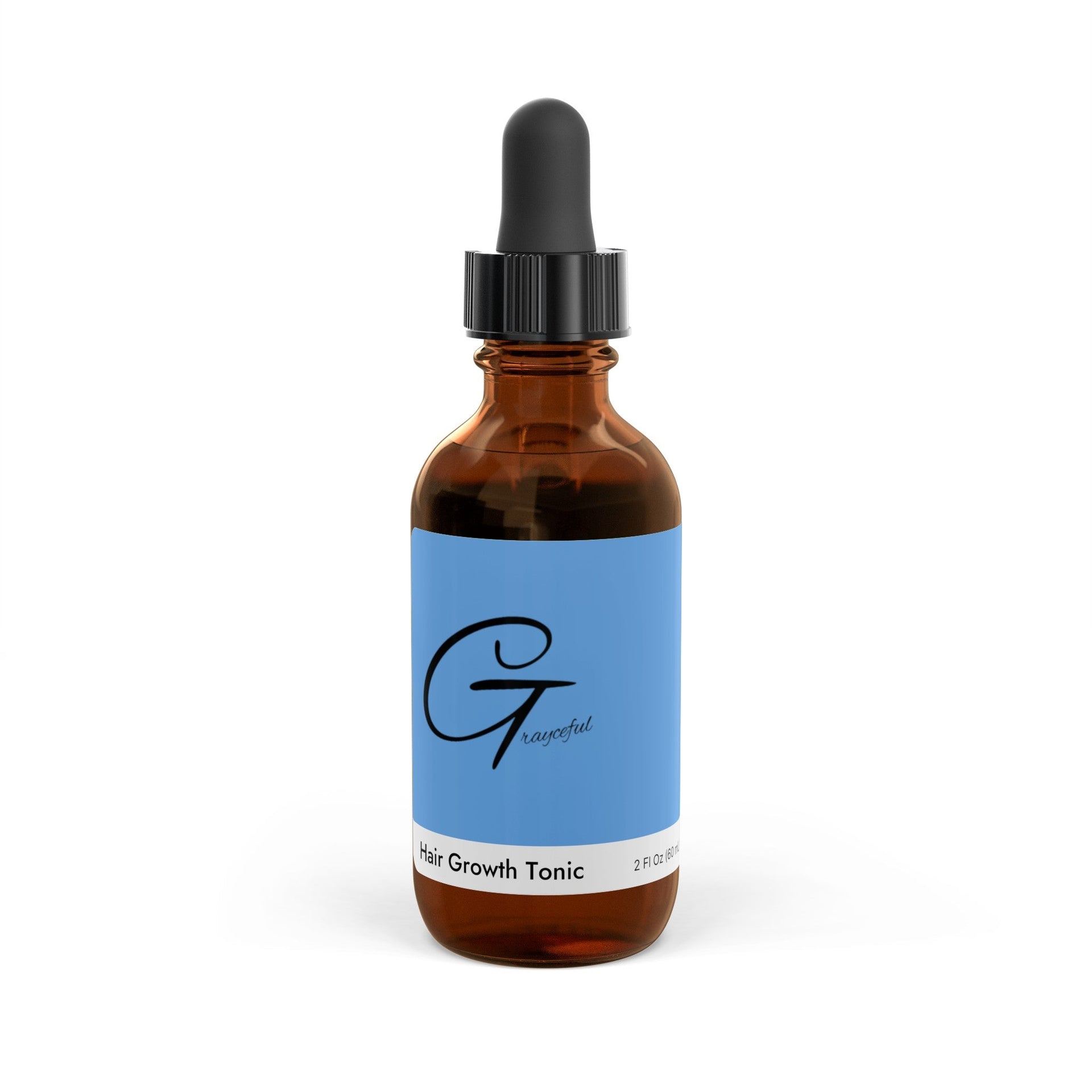 Amber glass bottle of Grayceful Hair Growth Tonic with blue label and dropper