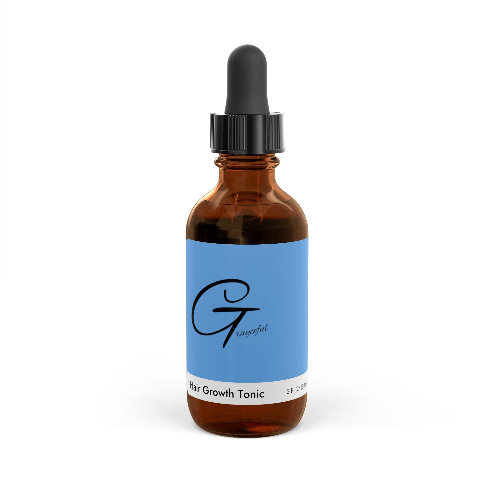 Amber glass bottle of Grayceful Hair Growth Tonic with blue label and dropper