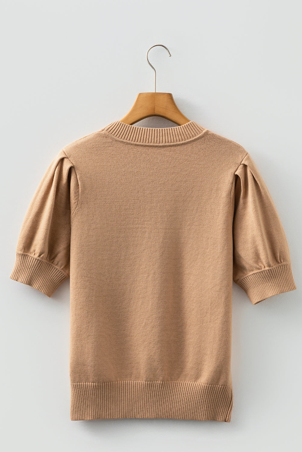 Light French Beige Short Puff Sleeve Knit Sweater