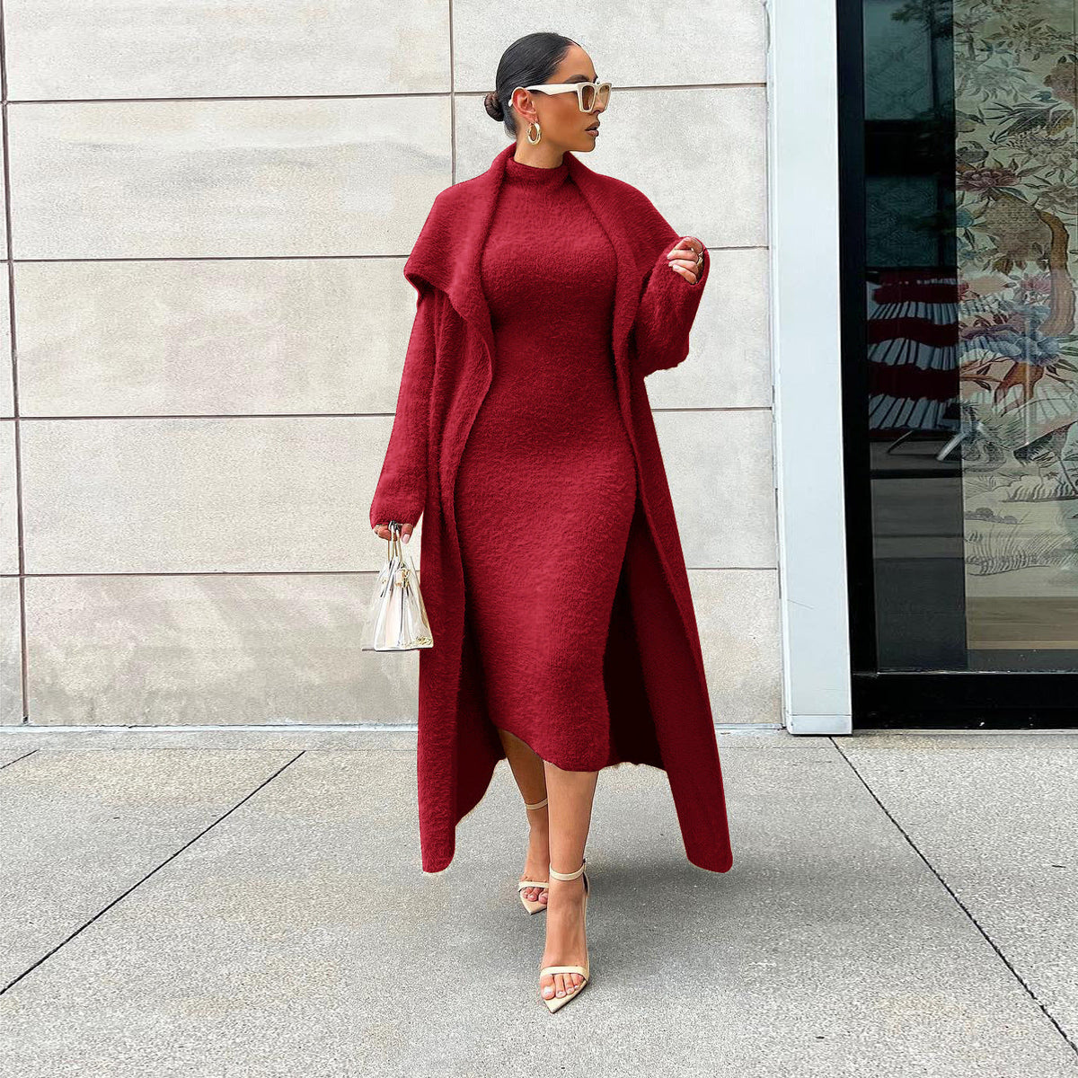 Minimalist Velvet Two-Piece Dress and Long Cardigan Set