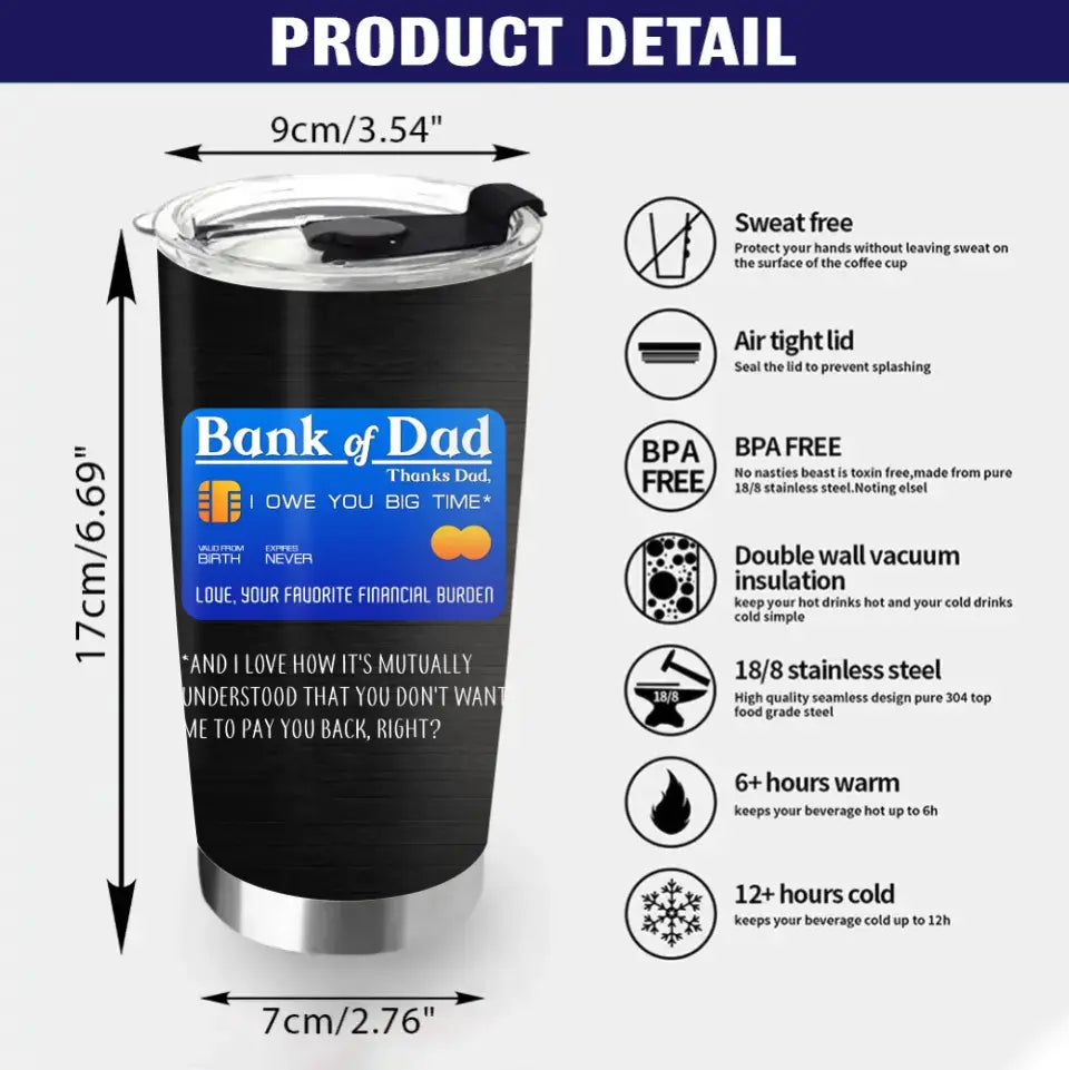 Personalized Dad Tumbler - Gift Idea For Dad - Up to 6 Kids - Bank Of Dad
