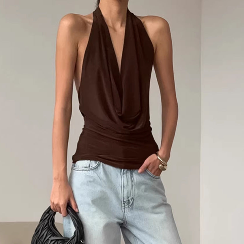 Women's Brown Backless Halter Top Elegant Sleeveless Knit Shirt - Image 4