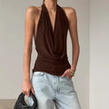 Women's Brown Backless Halter Top Elegant Sleeveless Knit Shirt - Image 4