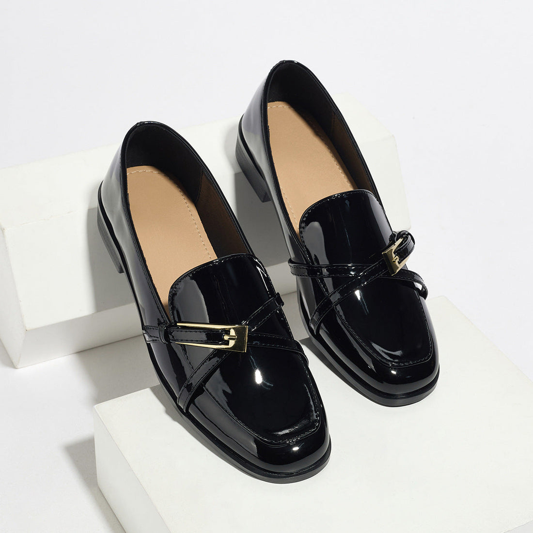 Women's Glossy Patent Leather Square Toe Loafers with Buckle