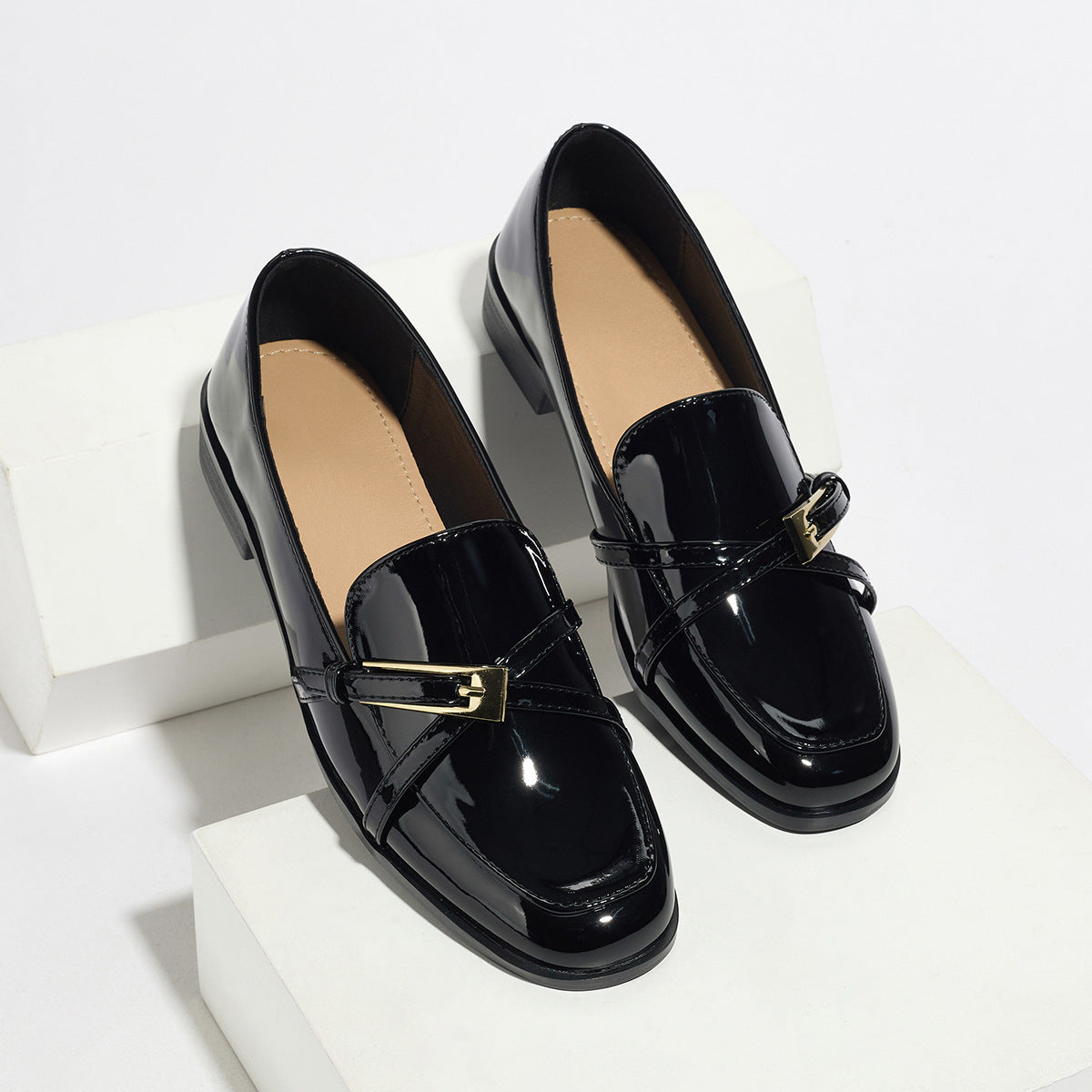 Women's Glossy Patent Leather Square Toe Loafers with Buckle